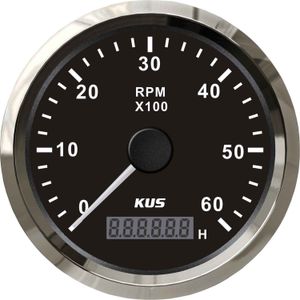 KUS Tachometer Gauge with Hourmeter (6000RPM / Stainless & Black)