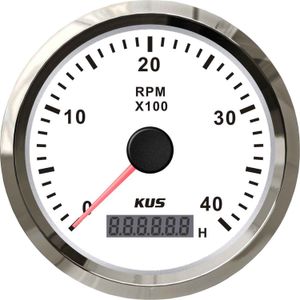 KUS Tachometer Gauge with Hourmeter (4000RPM / Stainless & White)
