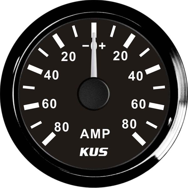 KUS Ammeter Gauge 80-0-80 Amps (Black Stainless Bezel / Black Dial)